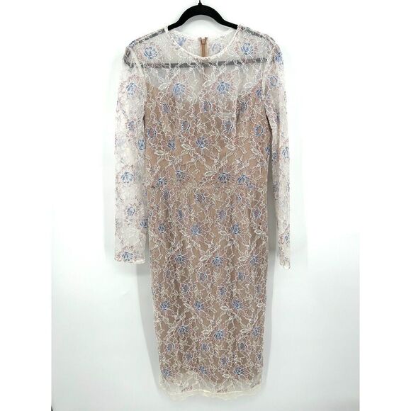 DRESS THE POPULATION Kay Dress White Tan Floral Lace Metallic Midi Dress Large - Picture 4 of 12